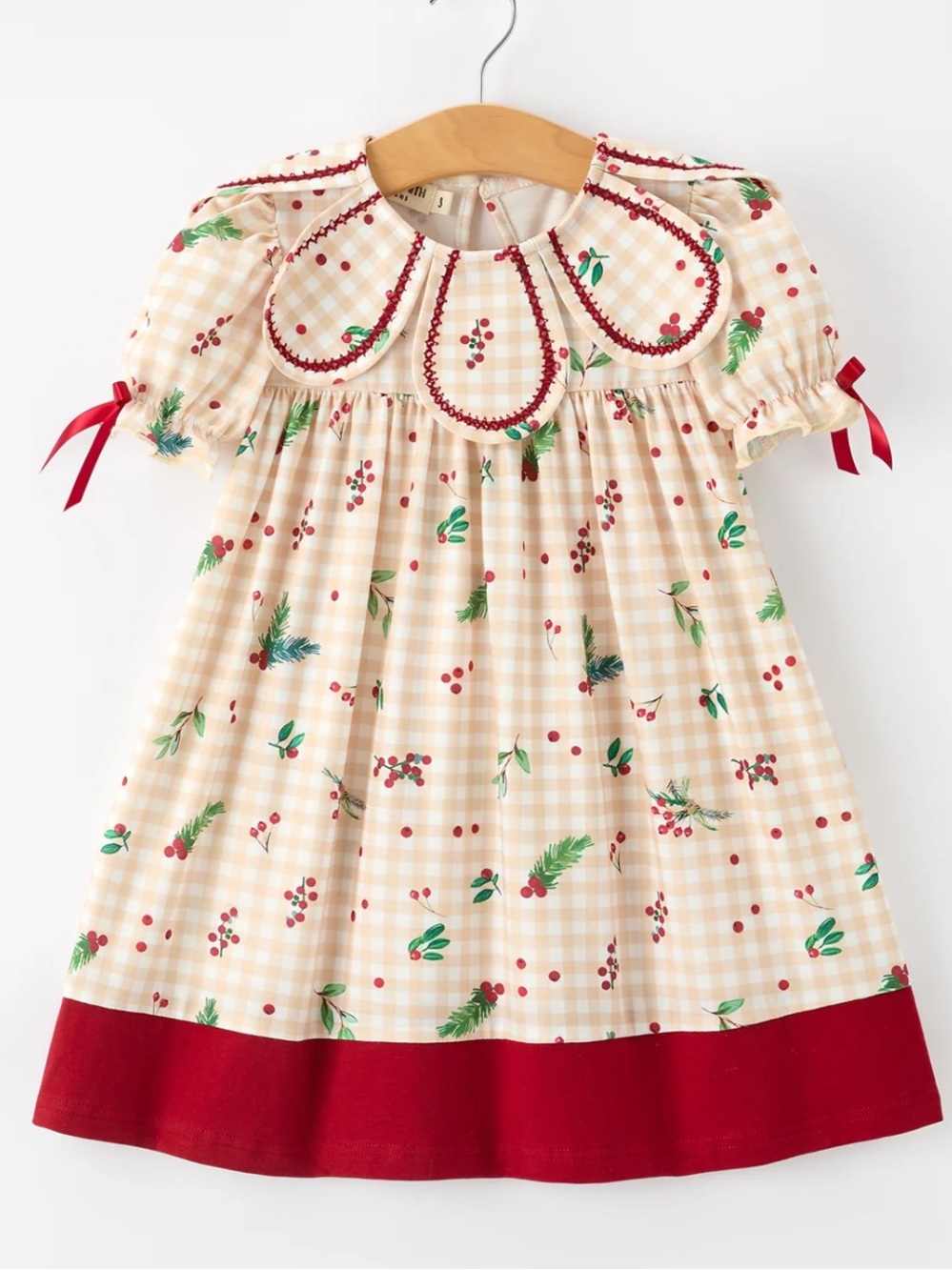 Fall Cream Gingham Girls Dress 2T Ruffle Sleeves Scallop Collar Bow Holiday